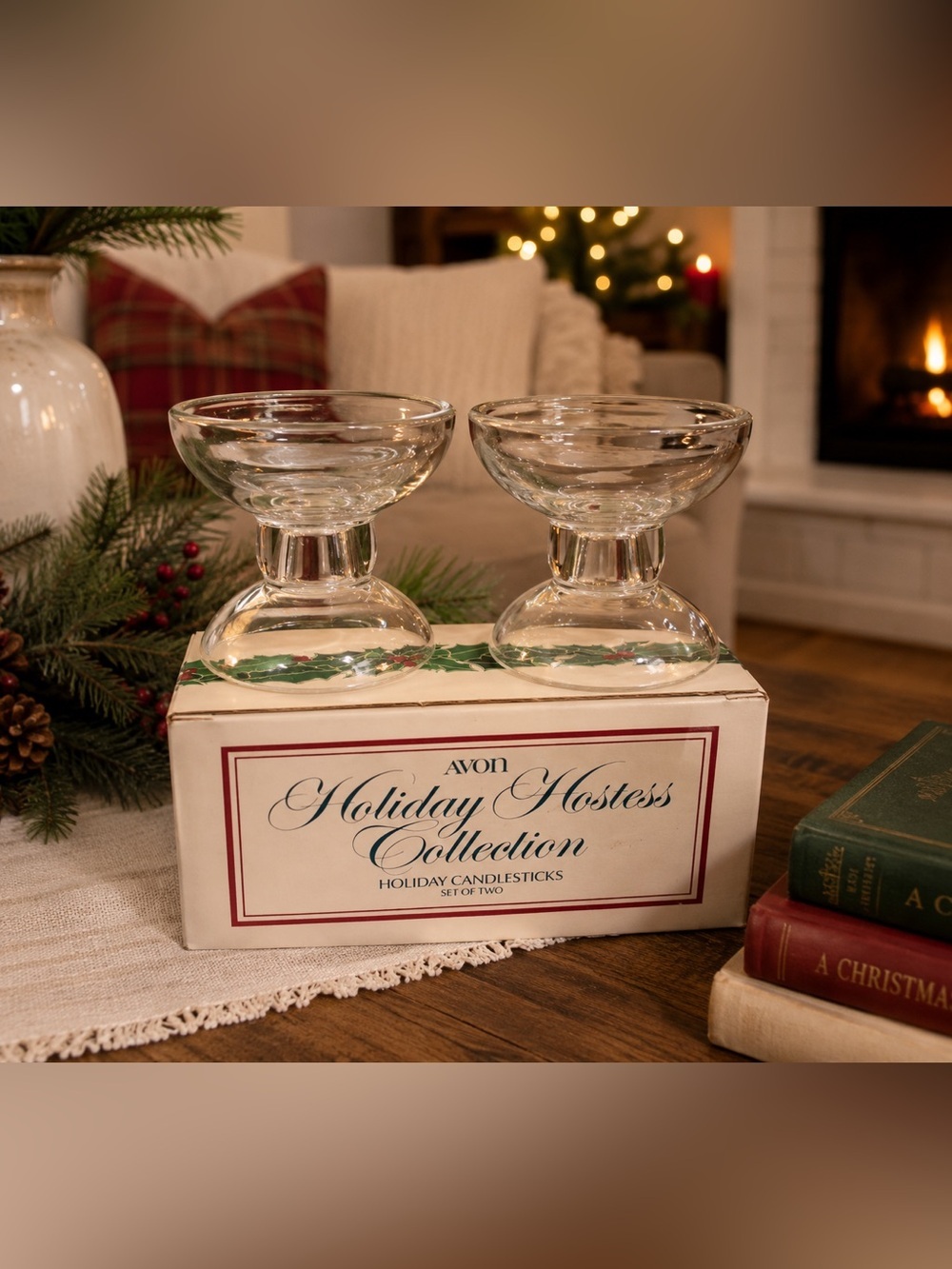 Vintage Avon Holiday Collection Glass Candlestick Holders Set of 2 NIB Christmas